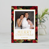 クリスマス写真 ポインセチア ゴールドホイル 箔シーズンカード (立ち正面)