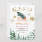 クリスマス冬そりベビー外は寒い 招待状 (正面)