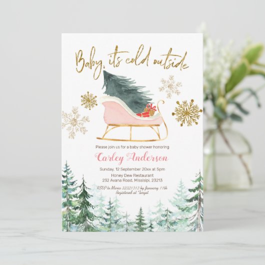 クリスマス冬そりベビー外は寒い 招待状 (スタンド正面)
