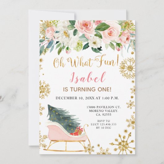 クリスマス冬そりOH Whatおもしろいファースト誕生日 招待状 (正面)