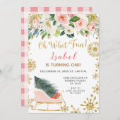 クリスマス冬そりOH Whatおもしろいファースト誕生日 招待状 (正面/裏面)