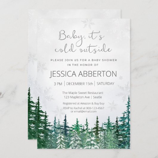 クリスマス冬のグリーン 赤ちゃんのお披露目パーティー 招待状 (正面/裏面)