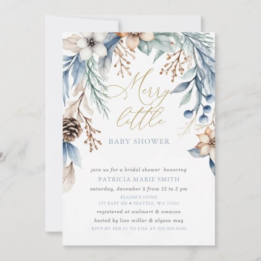クリスマス冬のフローラメリー小さな赤ちゃんシャワー 招待状 (正面)