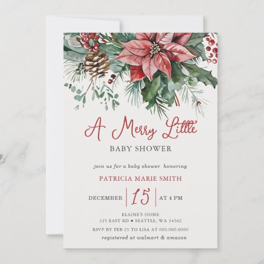 クリスマス冬のフローラメリー小さな赤ちゃんシャワー 招待状 (正面)