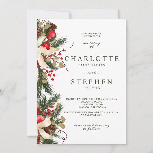クリスマス冬のフローラ水結婚色の写真 招待状 (正面)