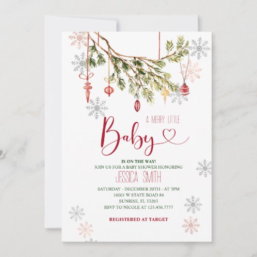 クリスマス冬のベビーシャワー。 招待状 (正面)