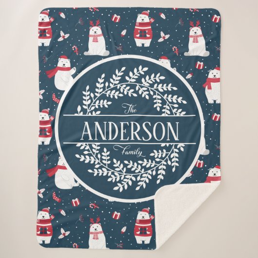 クリスマス冬のホッキョクグマ家族モノグラム シェルパブランケット (正面)