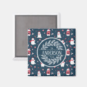 クリスマス冬のホッキョクグマ家族モノグラム マグネット (正面/裏面)