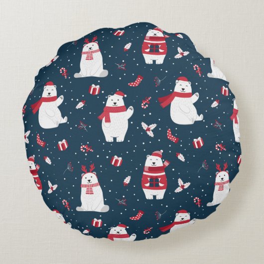 クリスマス冬のホッキョクグマ家族モノグラム ラウンドクッション (裏面)