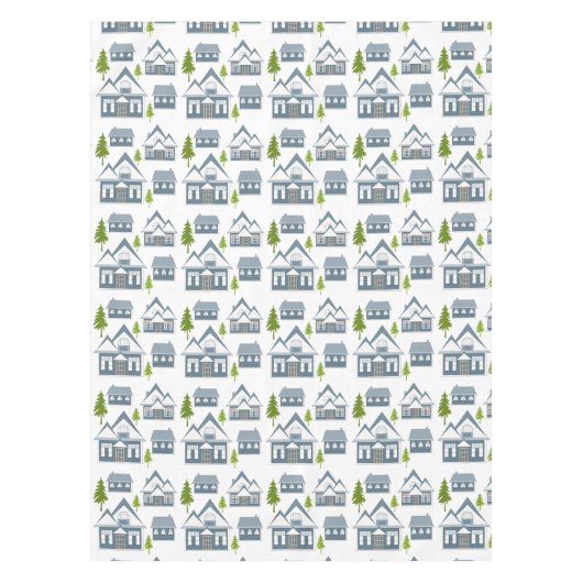 クリスマス冬の写真灰色の家の緑の木w テーブルクロス (正面)