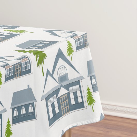 クリスマス冬の写真灰色の家の緑の木w テーブルクロス (インサイチュ)