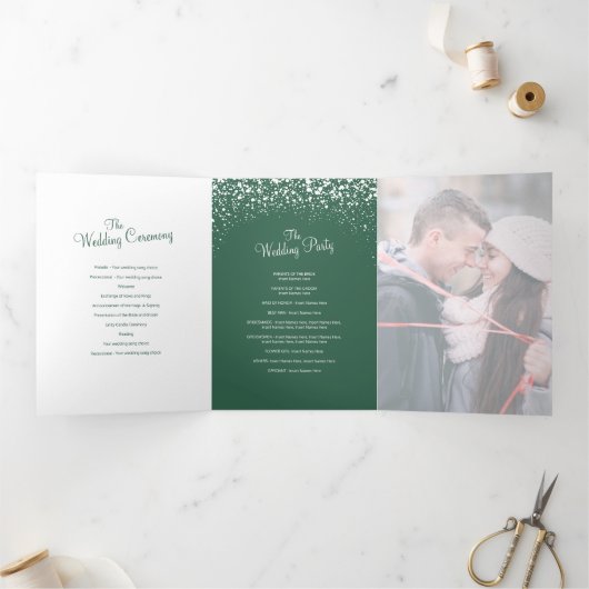 クリスマス冬の結婚式の木の湖の緑のグレーアート 三つ折りプログラム (内部)