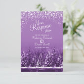 クリスマス冬の結婚式の木の紫色の返信カード 出欠カード (スタンド正面)