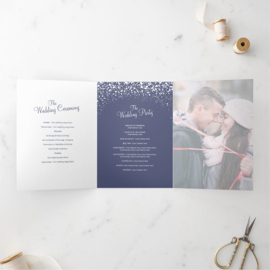 クリスマス冬の結婚式の木レイクブルーアート 三つ折りプログラム (内部)