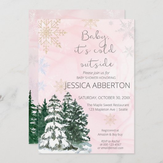 クリスマス冬の緑の赤ちゃんシャワーピンク 招待状 (正面/裏面)