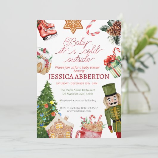 クリスマス冬の緑の赤ちゃんシャワー 招待状 (スタンド正面)