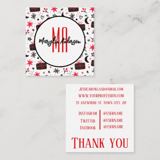 クリスマス冬の贈り物と雪片モノグラム スクエア名刺 (正面/裏面)