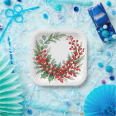 クリスマス冬の赤い実と緑の葉 ペーパープレート (パーティー)