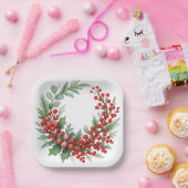クリスマス冬の赤い実と緑の葉 ペーパープレート (パーティー)