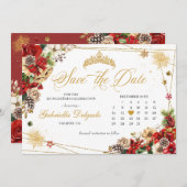 クリスマス冬の赤い金ゴールドポインセチア日付を保存 招待状 (正面/裏面)