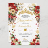 クリスマス冬の赤と金のポインセチアのキンセアニエラ 招待状 (正面/裏面)