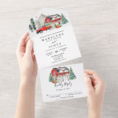 クリスマス冬の雪のバーンカントリーウェディング オールインワン招待状 (貼ってはがせる)