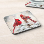 クリスマス冬の雪の木の枝の深紅色 コースター (左側)