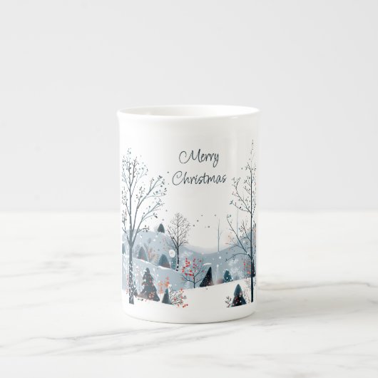 クリスマス冬の雪の風景メリークリスマス ボーンチャイナマグカップ (正面)