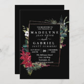 クリスマス冬エレガントポインセチア結婚ブラック 招待状 (正面/裏面)
