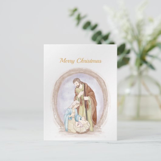 クリスマス出生イエスメリージョセフウォータカラー シーズンポストカード (スタンド正面)