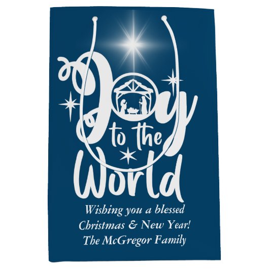 クリスマス出生ジョイへワールドブルー&ホワイト ミディアムペーパーバッグ (正面)