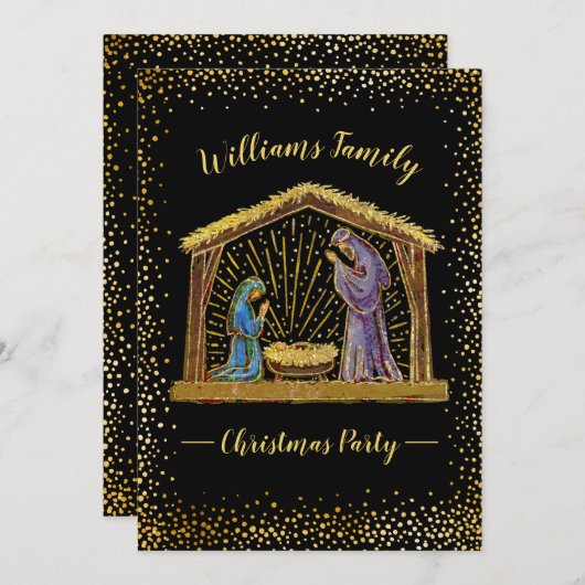 クリスマス出生ブラック金ゴールドホリデーパーティー 招待状 (正面/裏面)