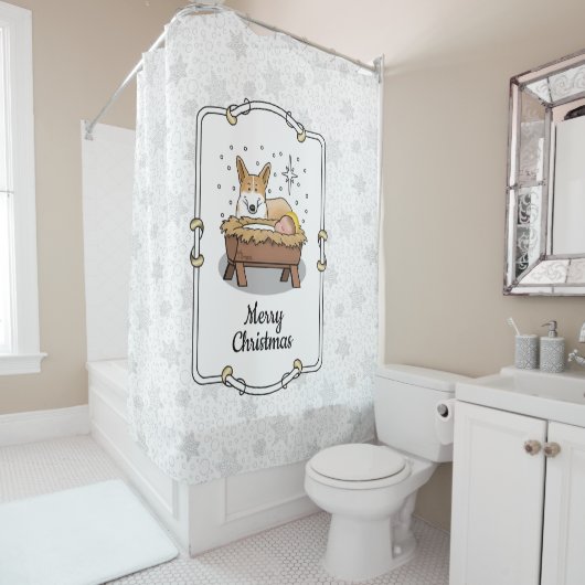 クリスマス出生ペンブロークウェルシュコーギー(赤1)おもしろい シャワーカーテン (インサイチュ)