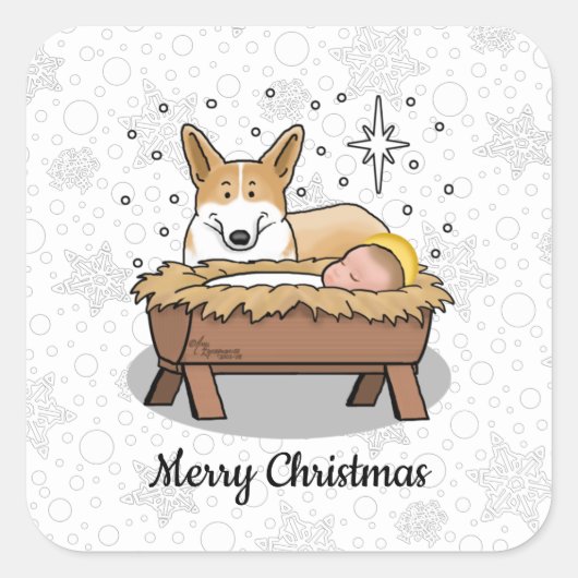 クリスマス出生ペンブロークウェルシュコーギー(赤1)おもしろい スクエアシール (正面)