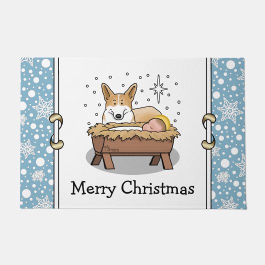 クリスマス出生ペンブロークウェルシュコーギー（赤1）おもしろい ドアマット (正面)