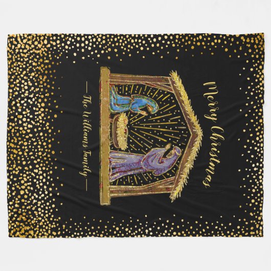 クリスマス出生マネージャー金ゴールドブラックファミリー名 フリースブランケット (正面(横))