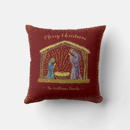 クリスマス出生マネージャー金ゴールドレッドファミリー名 クッション (裏面)