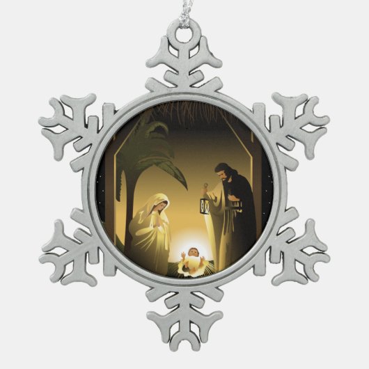 クリスマス出生メアリー、ジョセフ、ベビーイエス スノーフレークピューターオーナメント (正面)