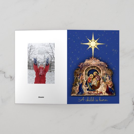 クリスマス出生宗教カスタムの署名金ゴールド 箔シーズンカード (外側レイダウン)