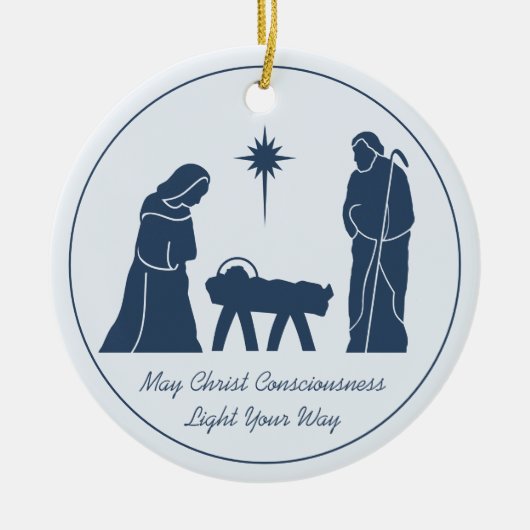 クリスマス出生感動的ことわざブルー セラミックオーナメント (正面)