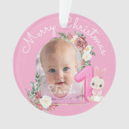 クリスマス初体験の女の赤ちゃん ピンクの花 オーナメント