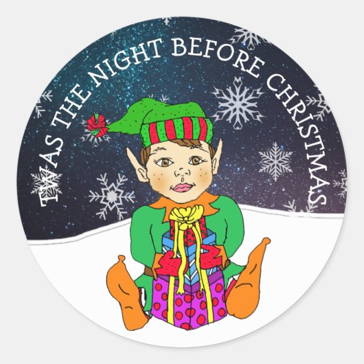 クリスマス前の夜の小妖精や小人 ラウンドシール (正面)