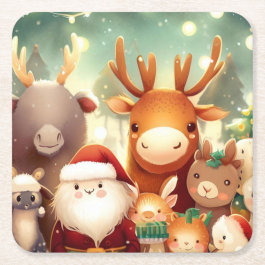 クリスマス動物8 スクエアペーパーコースター (正面)