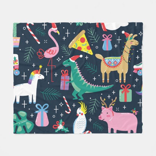 クリスマス動物、かわいいシームレスデザイン。 フリースブランケット (正面(横))
