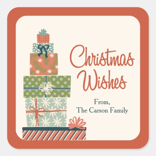 クリスマス包まれたプレゼントを満喫する スクエアシール (正面)