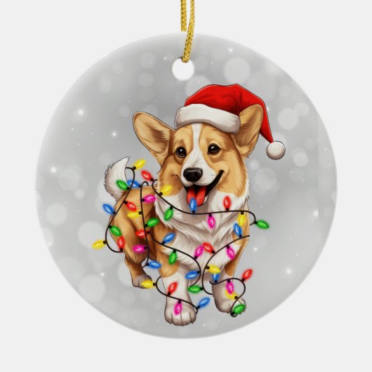クリスマス包まれたライトのコルギ犬 セラミックオーナメント (正面)