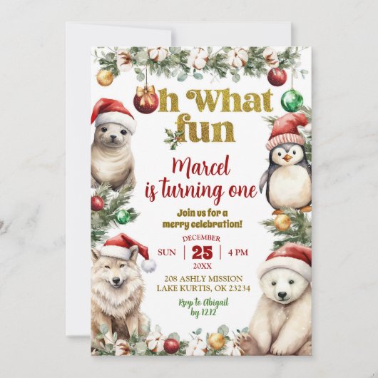 クリスマス北極動物おもしろい誕生日招待状 招待状 (正面)