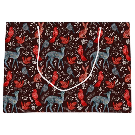 クリスマス北欧のパターンドシカ、ウサギ、レッドバード ラージペーパーバッグ (正面)