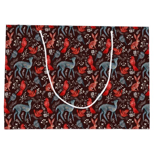 クリスマス北欧のパターンドシカ、ウサギ、レッドバード ラージペーパーバッグ (裏面)