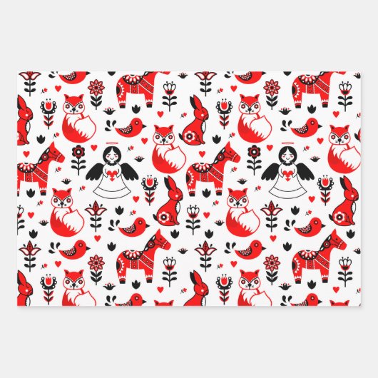 クリスマス北欧スカンジナビアのスウェーデンブラックレッド ラッピングペーパーシート (正面3)